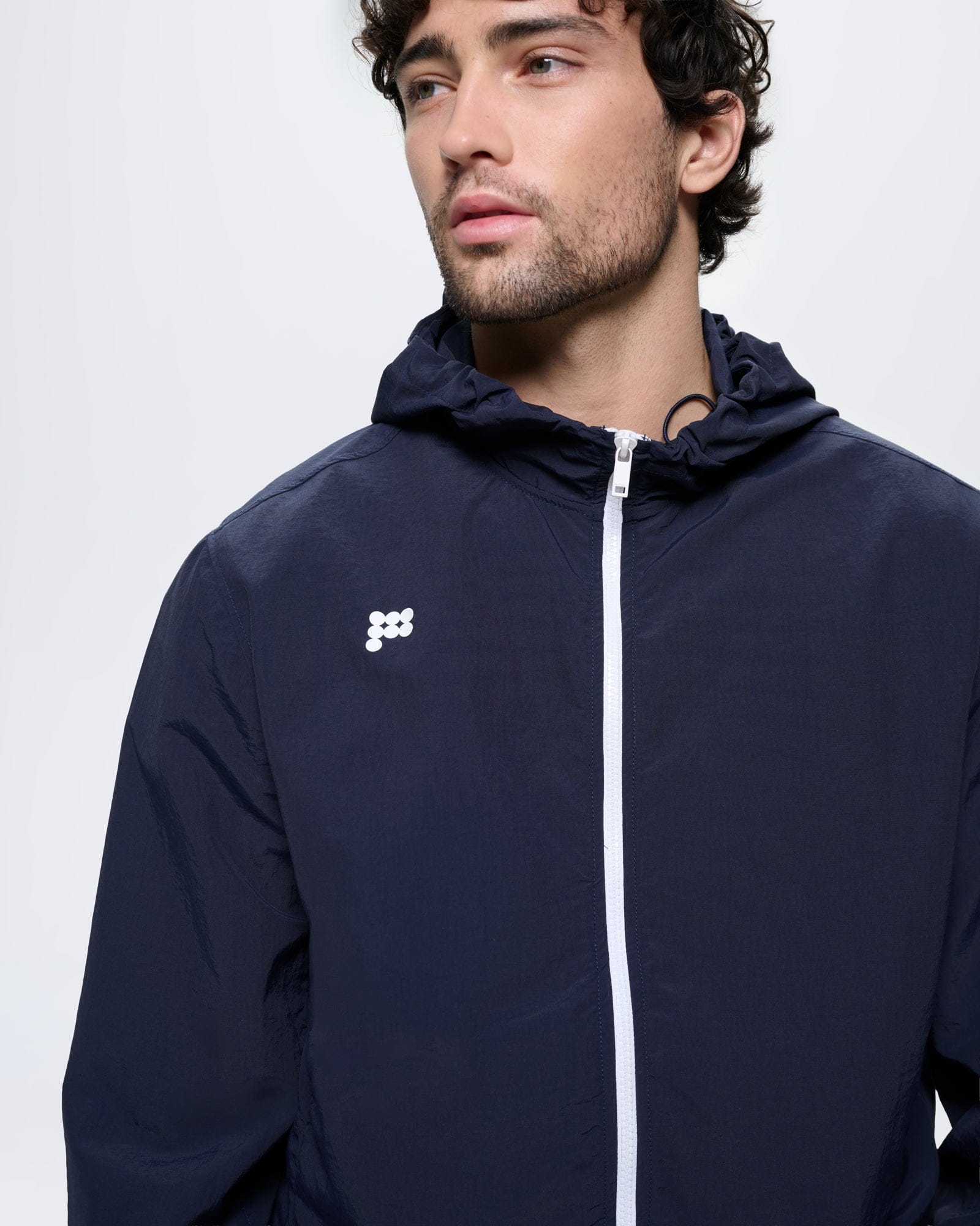 Mens Granite Navy Recycled Nylon Zip Up Hooded Jacket, regular fit, lightweight. White front zipper and chest logo