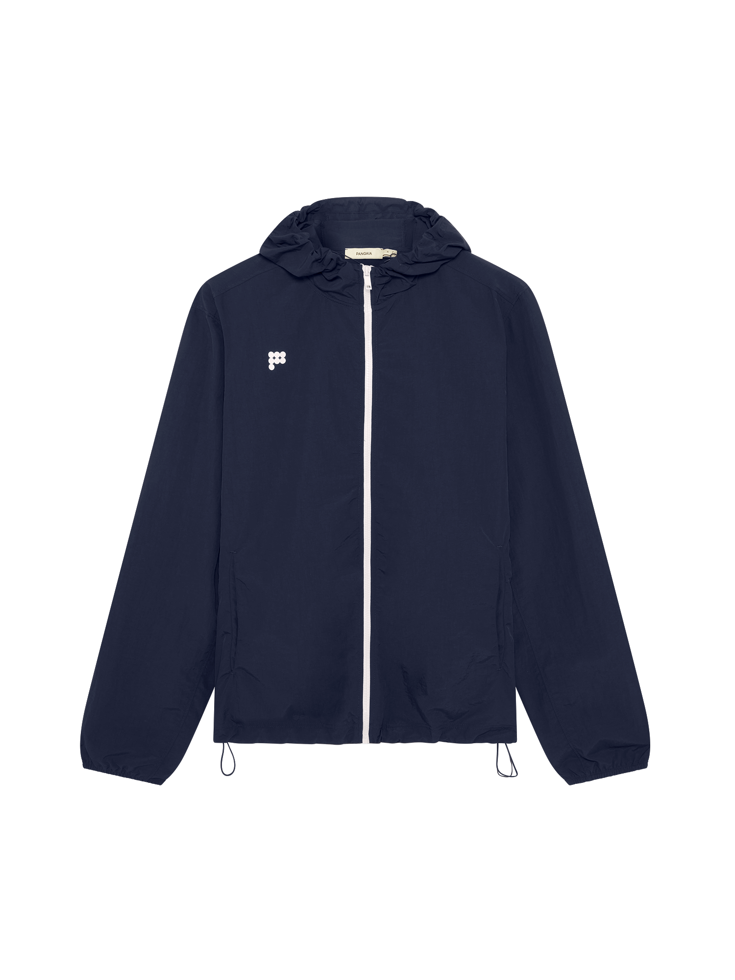 Granite Navy Mens Recycled Nylon Zip Up Jacket packshot. Hooded, white zipper, chest logo, regular fit, lightweight